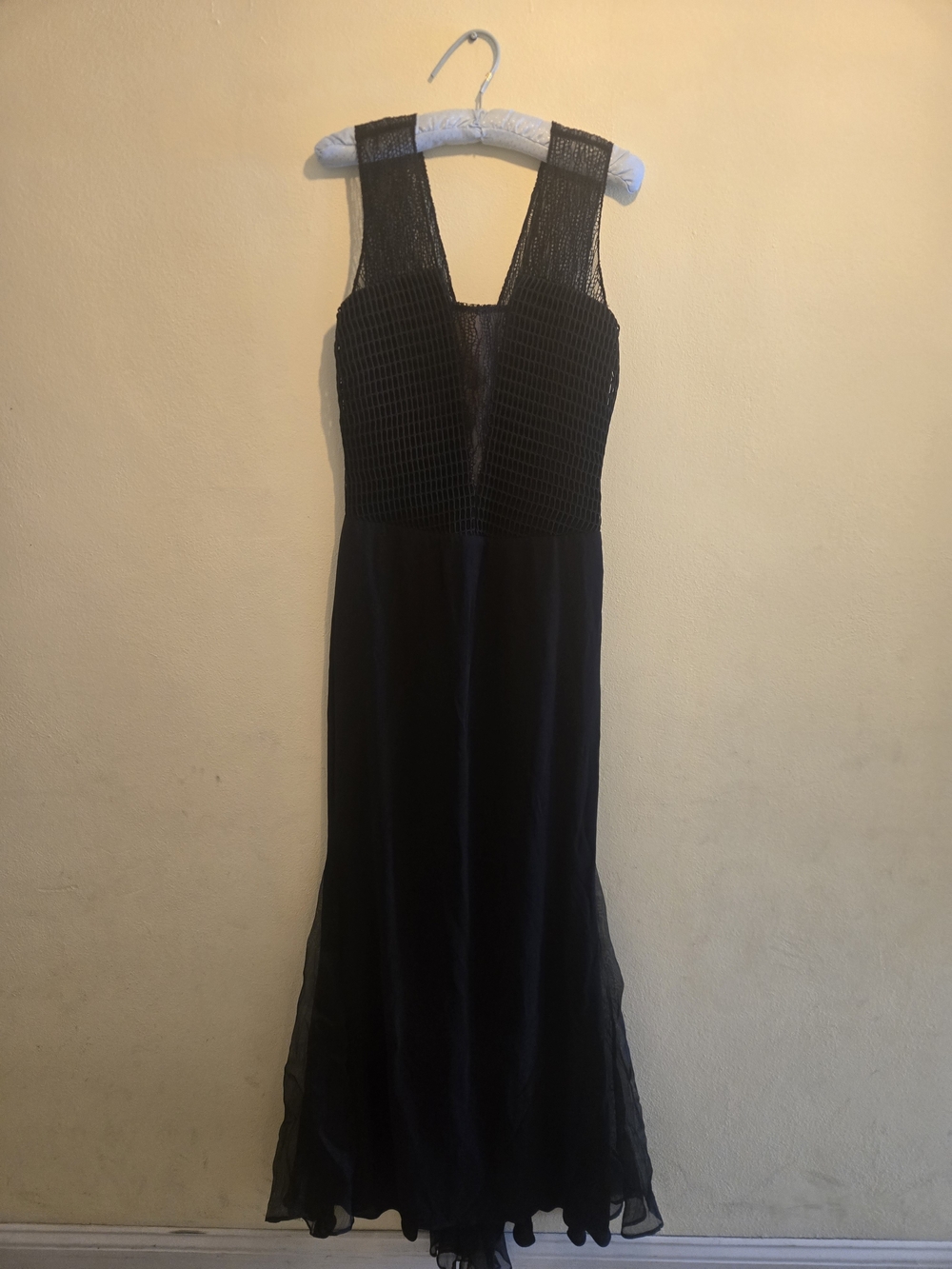 Vera Wang Black Maxi Dress with Textured Mesh Bodice